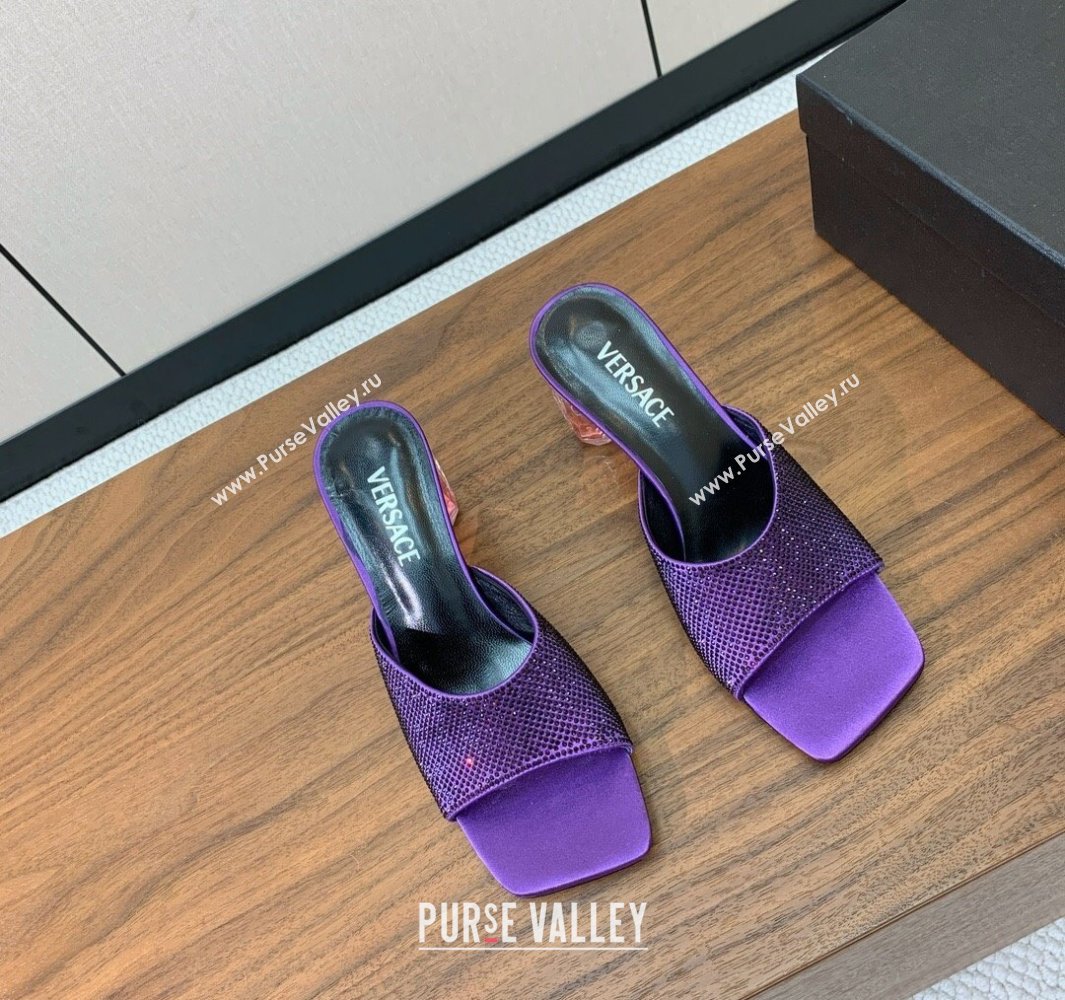 Versace Bright Strass Satin Slides Sandal with Fragrance Heel 7cm Dark Purple 2025 0429 (MD-250429020)