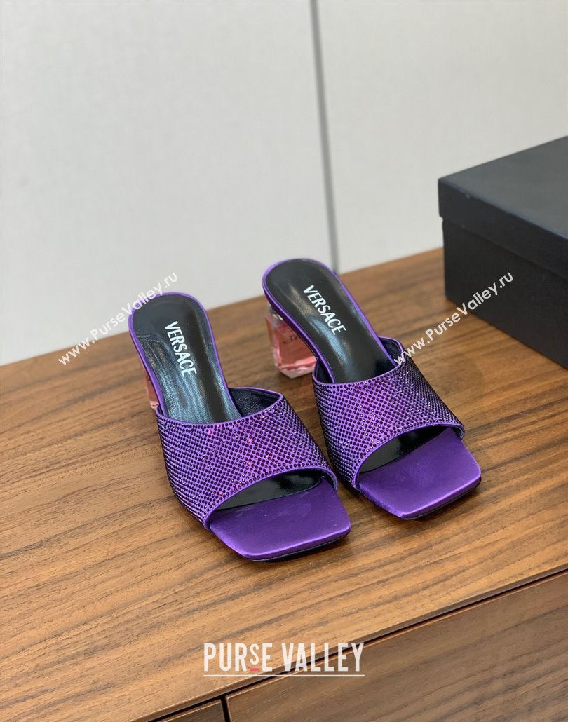 Versace Bright Strass Satin Slides Sandal with Fragrance Heel 7cm Dark Purple 2025 0429 (MD-250429020)