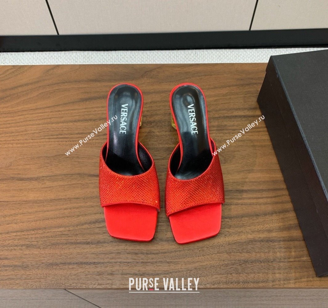 Versace Bright Strass Satin Slides Sandal with Fragrance Heel 7cm Red 2025 0429 (MD-250429017)