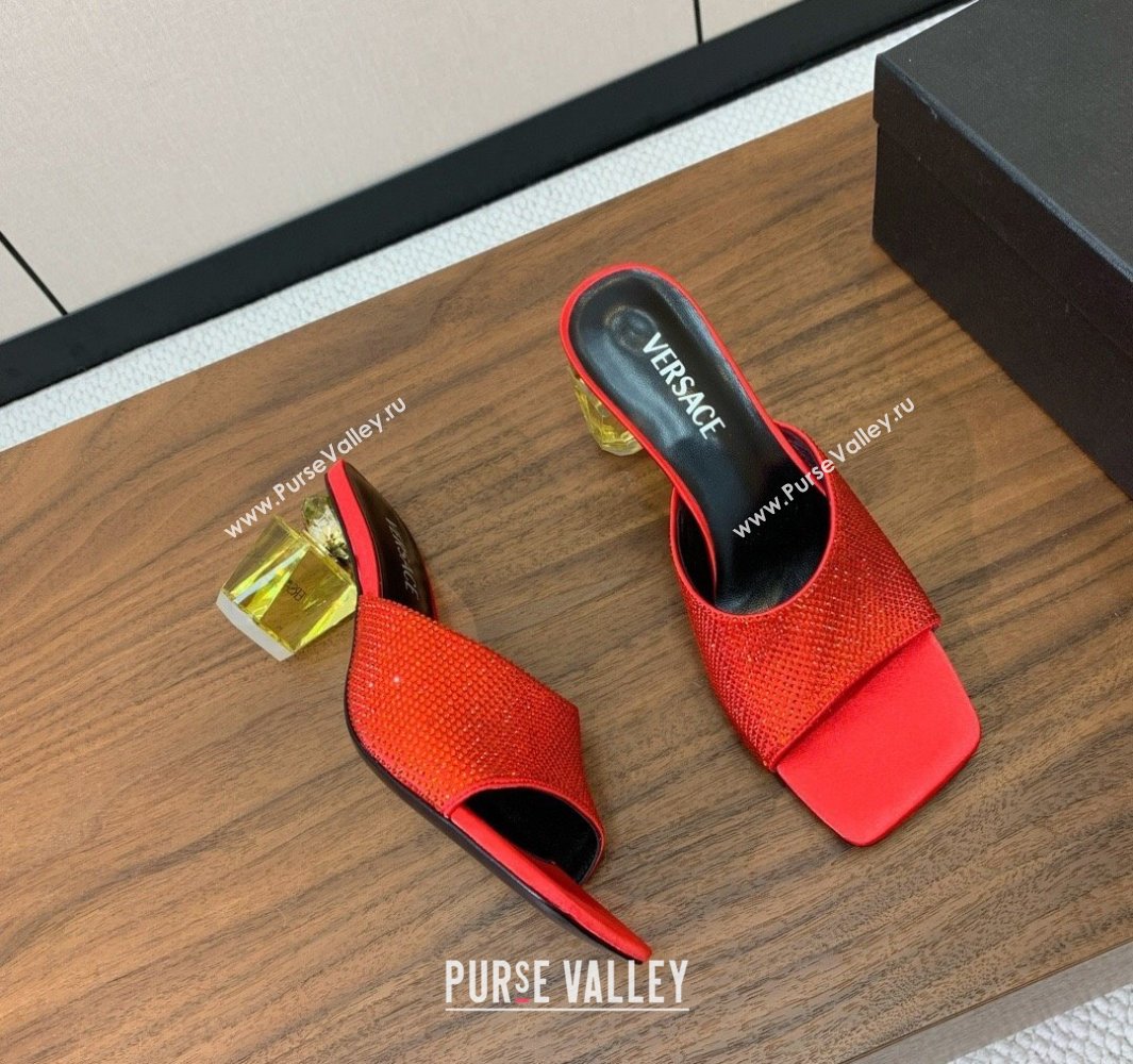 Versace Bright Strass Satin Slides Sandal with Fragrance Heel 7cm Red 2025 0429 (MD-250429017)
