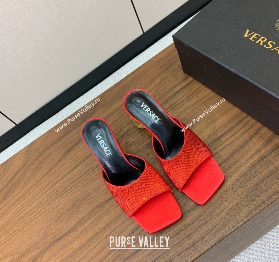 Versace Bright Strass Satin Slides Sandal with Fragrance Heel 7cm Red 2025 0429 (MD-250429017)
