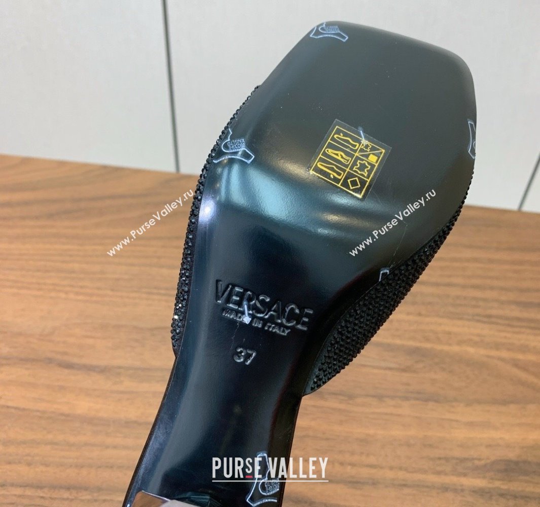 Versace Bright Strass Satin Slides Sandal with Fragrance Heel 7cm Black 2025 0429 (MD-250429013)