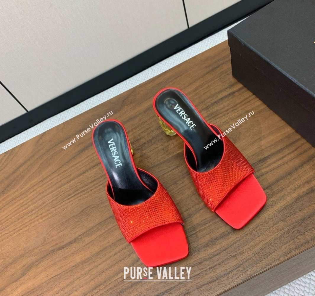 Versace Bright Strass Satin Slides Sandal with Fragrance Heel 7cm Red 2025 0429 (MD-250429017)
