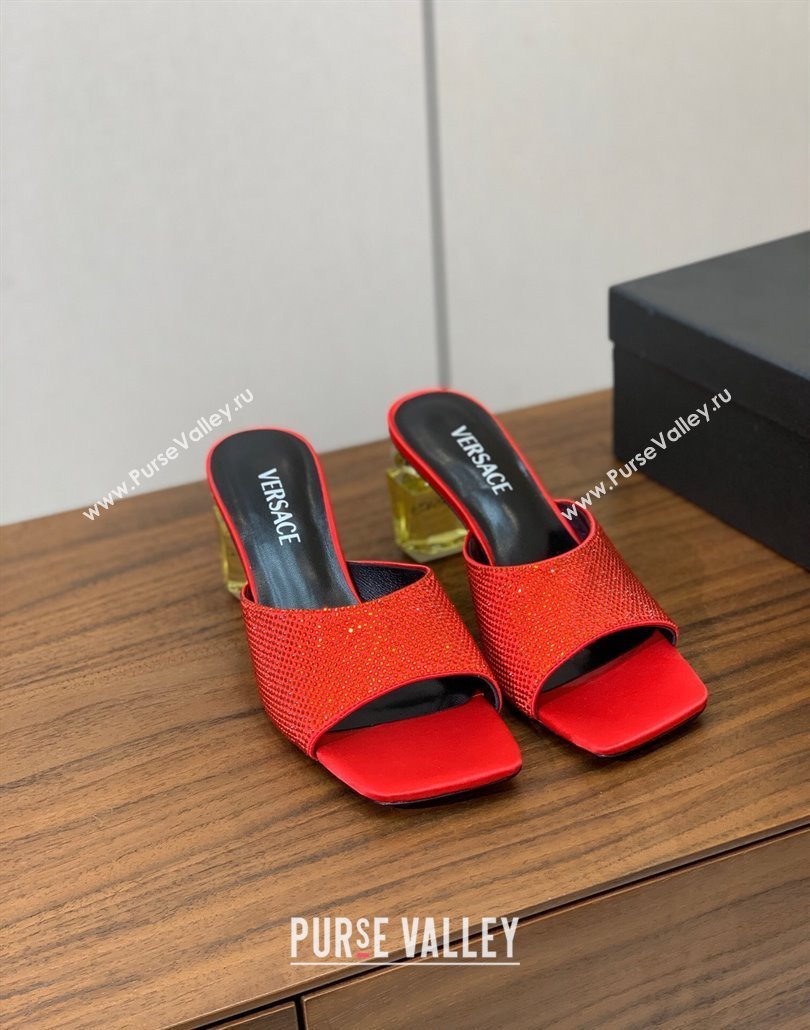 Versace Bright Strass Satin Slides Sandal with Fragrance Heel 7cm Red 2025 0429 (MD-250429017)