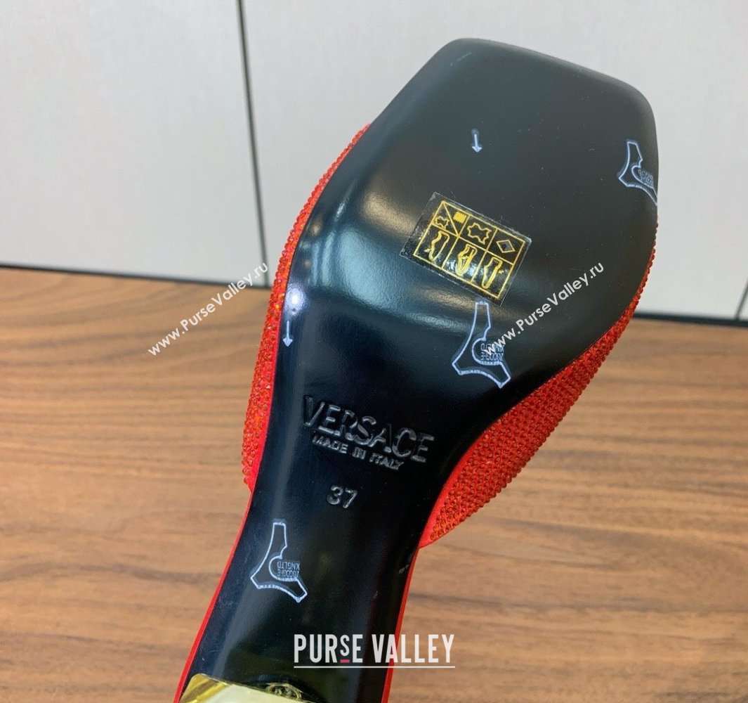 Versace Bright Strass Satin Slides Sandal with Fragrance Heel 7cm Red 2025 0429 (MD-250429017)