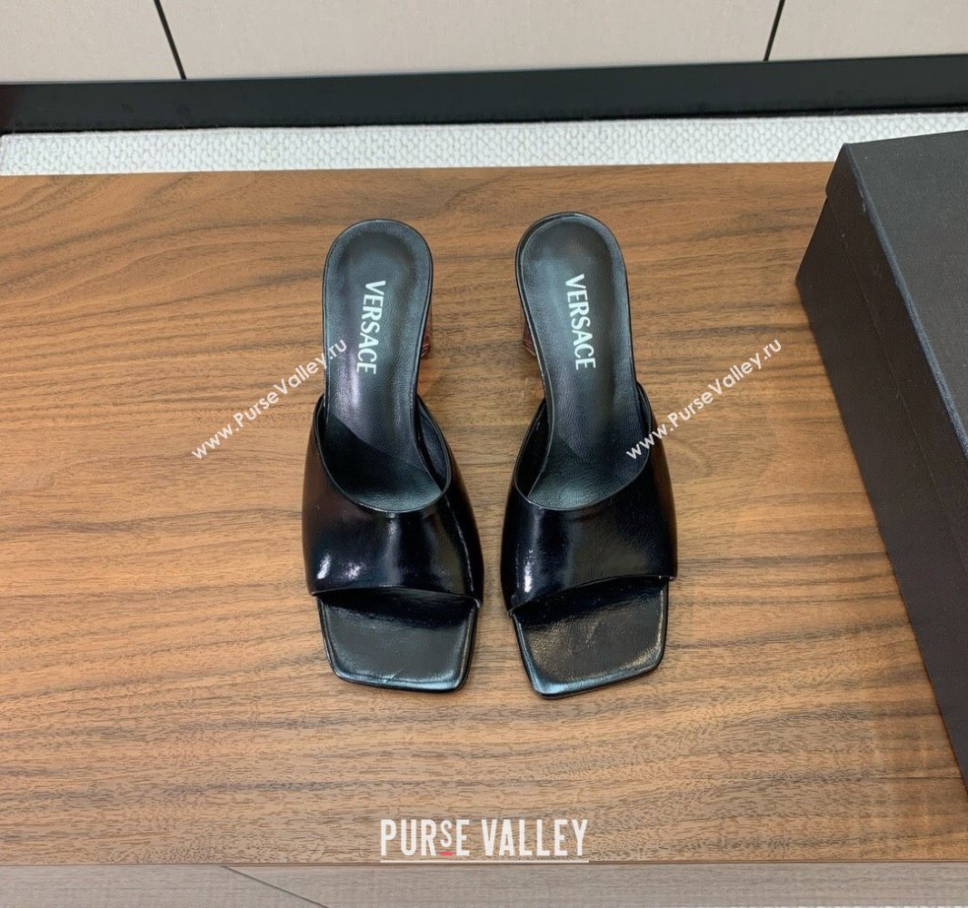 Versace Bright Patent Leather Slides Sandal with Fragrance Heel 7cm Black 2025 0429 (MD-250429021)
