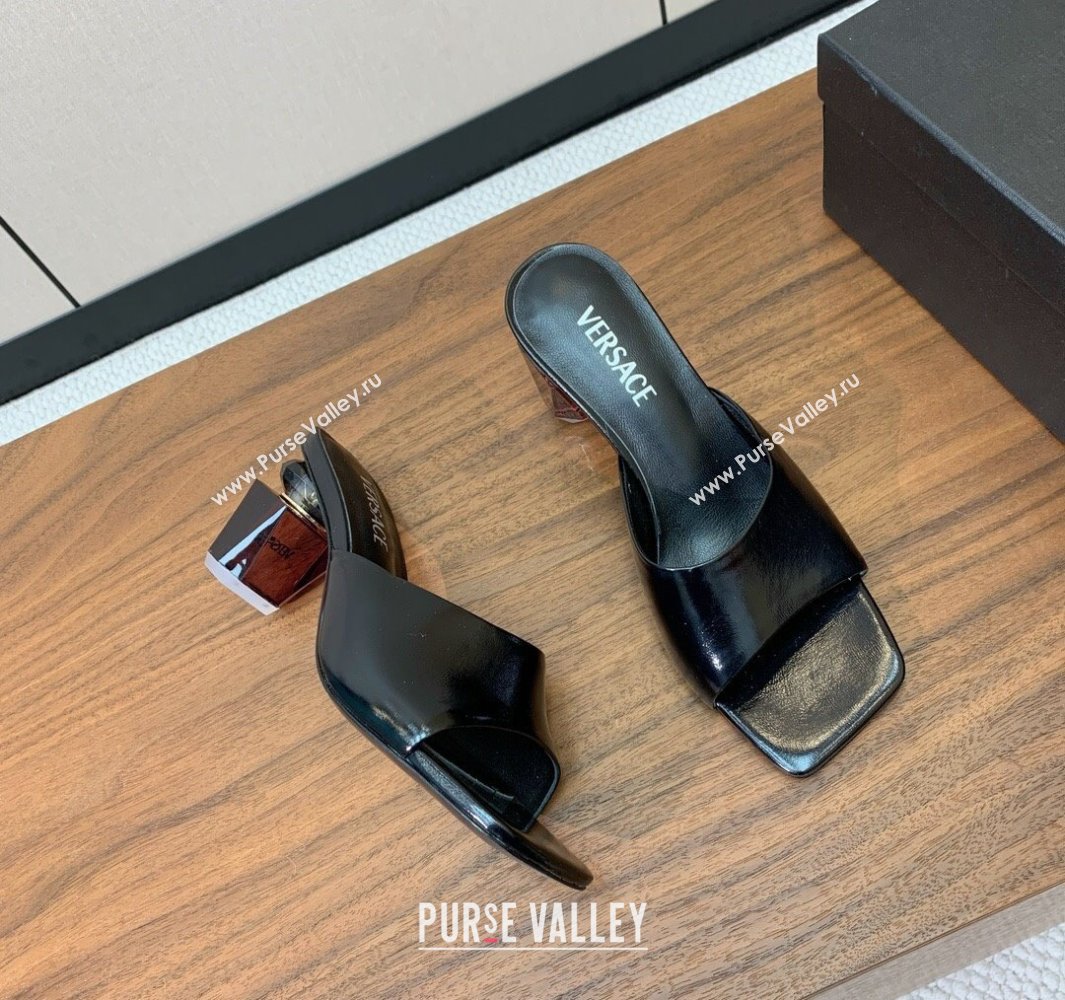 Versace Bright Patent Leather Slides Sandal with Fragrance Heel 7cm Black 2025 0429 (MD-250429021)