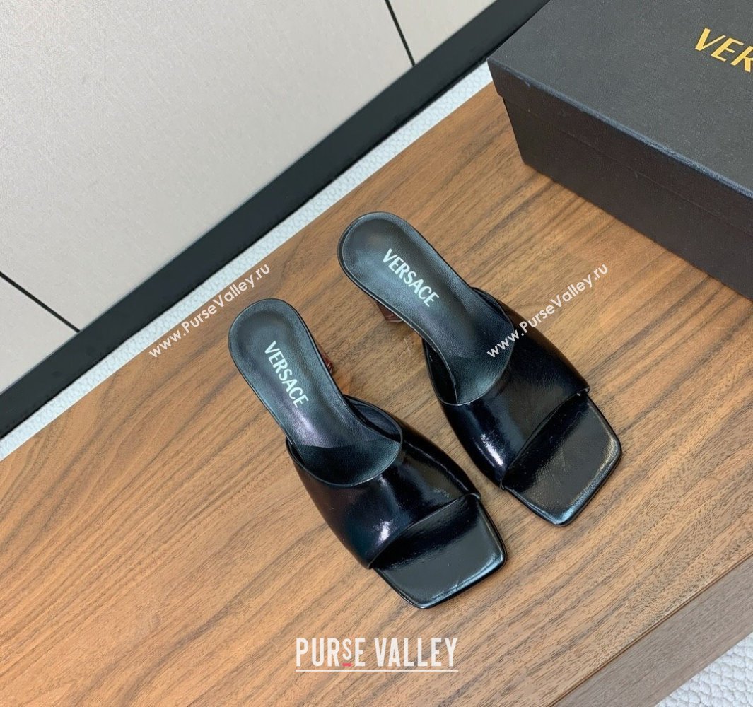 Versace Bright Patent Leather Slides Sandal with Fragrance Heel 7cm Black 2025 0429 (MD-250429021)