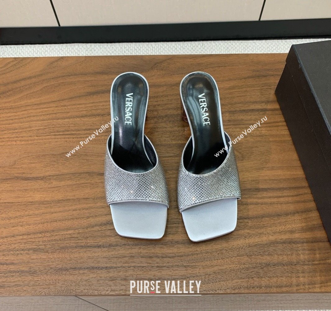 Versace Bright Strass Satin Slides Sandal with Fragrance Heel 7cm Silver 2025 0429 (MD-250429014)