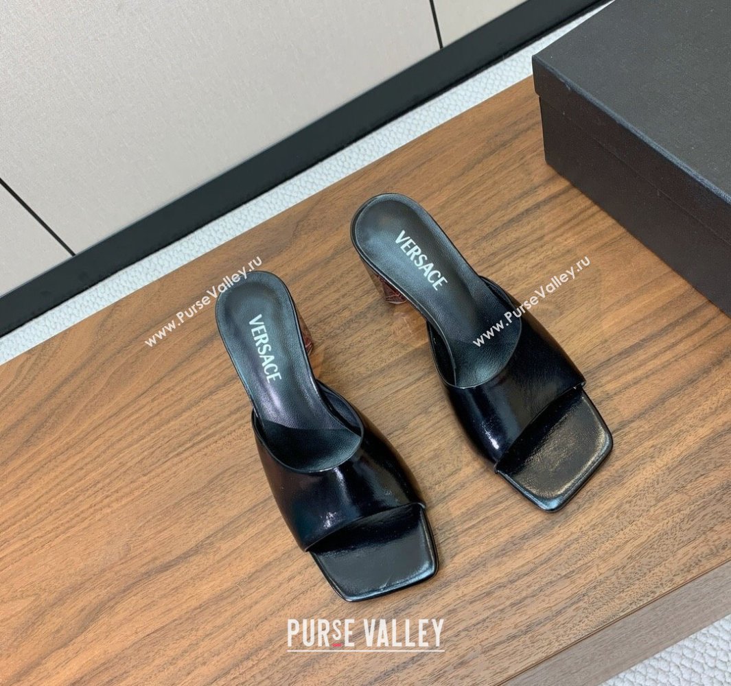 Versace Bright Patent Leather Slides Sandal with Fragrance Heel 7cm Black 2025 0429 (MD-250429021)
