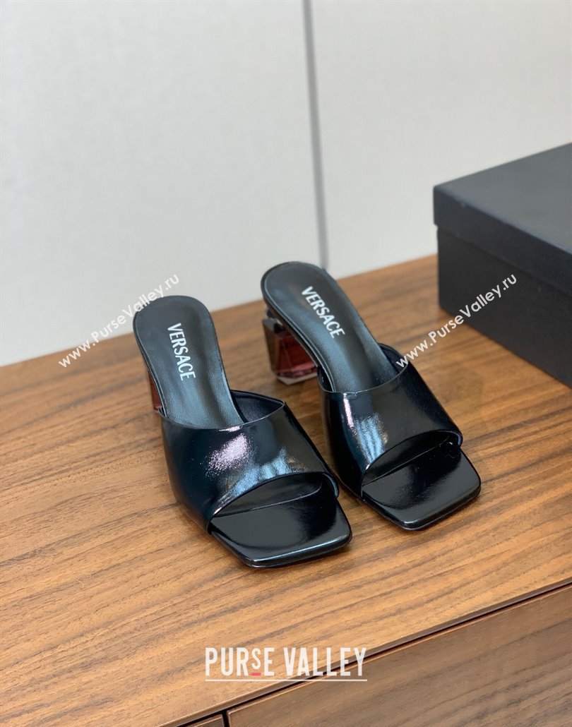 Versace Bright Patent Leather Slides Sandal with Fragrance Heel 7cm Black 2025 0429 (MD-250429021)