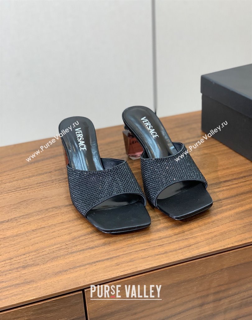 Versace Bright Strass Satin Slides Sandal with Fragrance Heel 7cm Black 2025 0429 (MD-250429013)