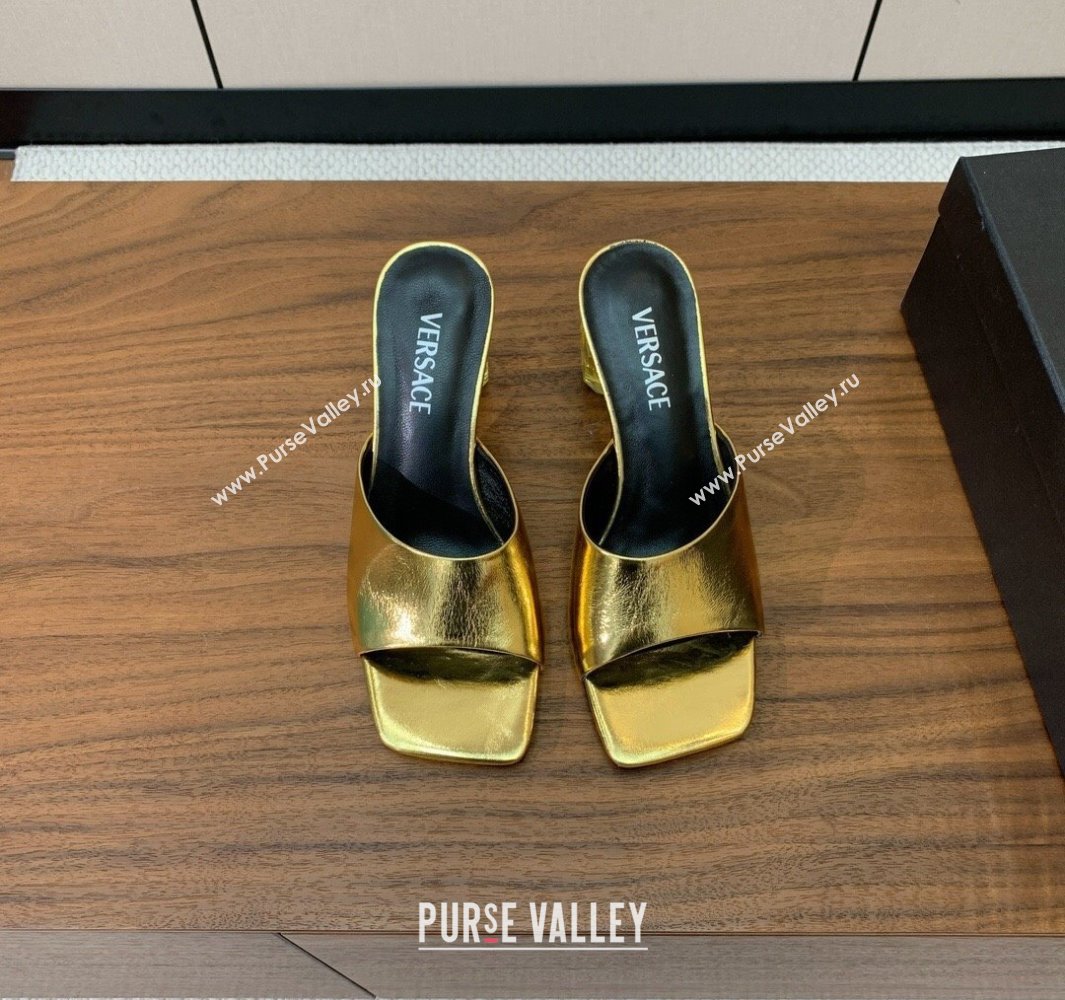 Versace Bright Patent Leather Slides Sandal with Fragrance Heel 7cm Gold 2025 0429 (MD-250429023)