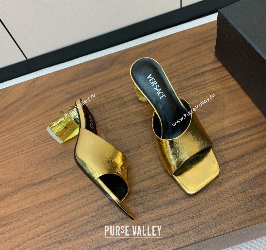 Versace Bright Patent Leather Slides Sandal with Fragrance Heel 7cm Gold 2025 0429 (MD-250429023)