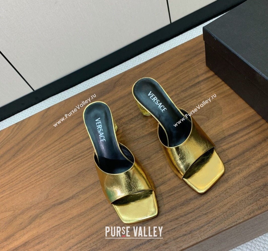 Versace Bright Patent Leather Slides Sandal with Fragrance Heel 7cm Gold 2025 0429 (MD-250429023)