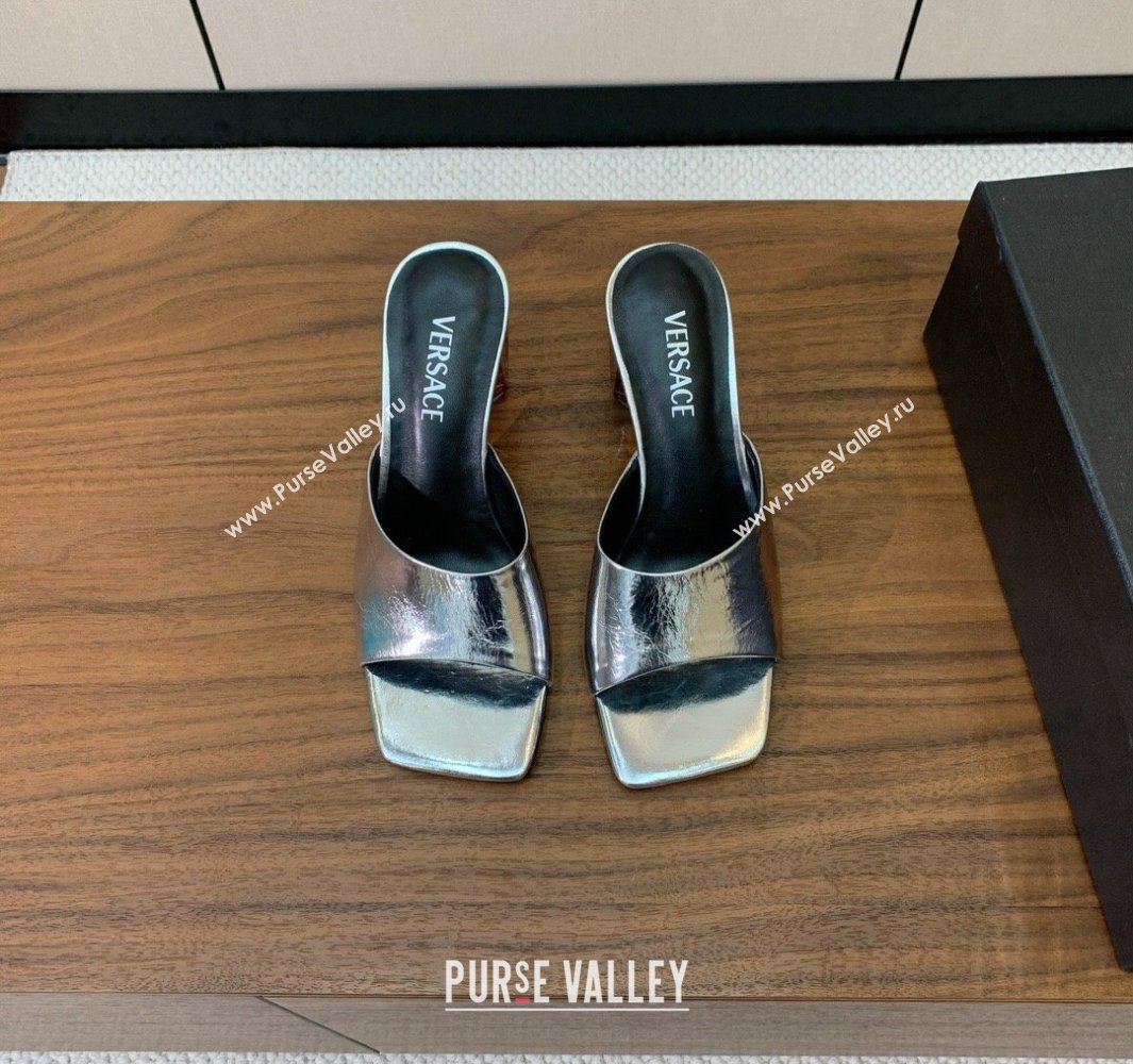 Versace Bright Patent Leather Slides Sandal with Fragrance Heel 7cm Silver 2025 0429 (MD-250429024)