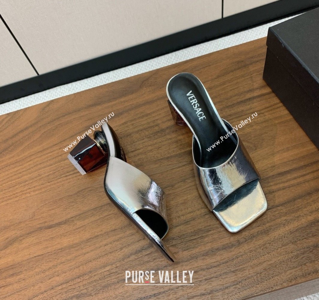 Versace Bright Patent Leather Slides Sandal with Fragrance Heel 7cm Silver 2025 0429 (MD-250429024)