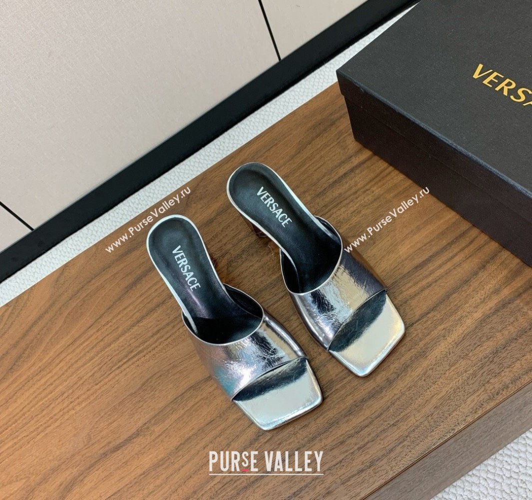 Versace Bright Patent Leather Slides Sandal with Fragrance Heel 7cm Silver 2025 0429 (MD-250429024)