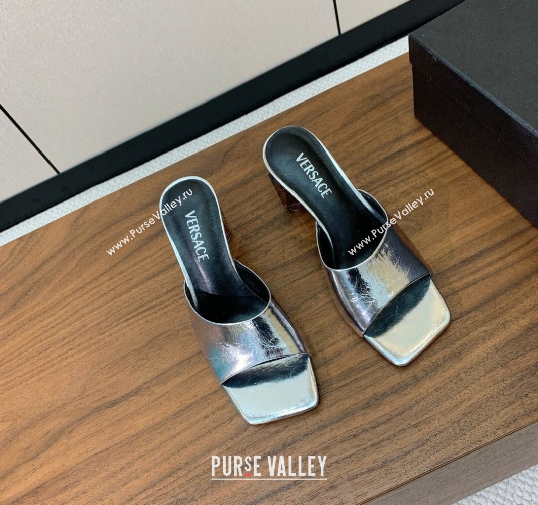 Versace Bright Patent Leather Slides Sandal with Fragrance Heel 7cm Silver 2025 0429 (MD-250429024)