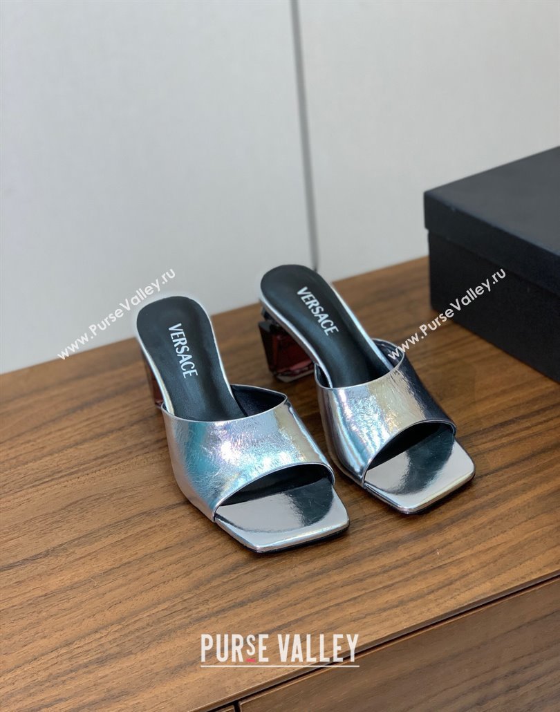Versace Bright Patent Leather Slides Sandal with Fragrance Heel 7cm Silver 2025 0429 (MD-250429024)