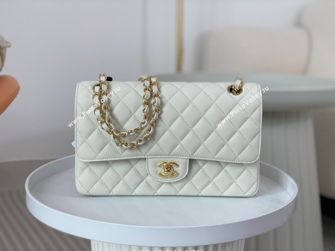 Chanel Grained Calfskin Classic Medium Flap Bag A01112 White/Gold 2023 (SM-231227033)