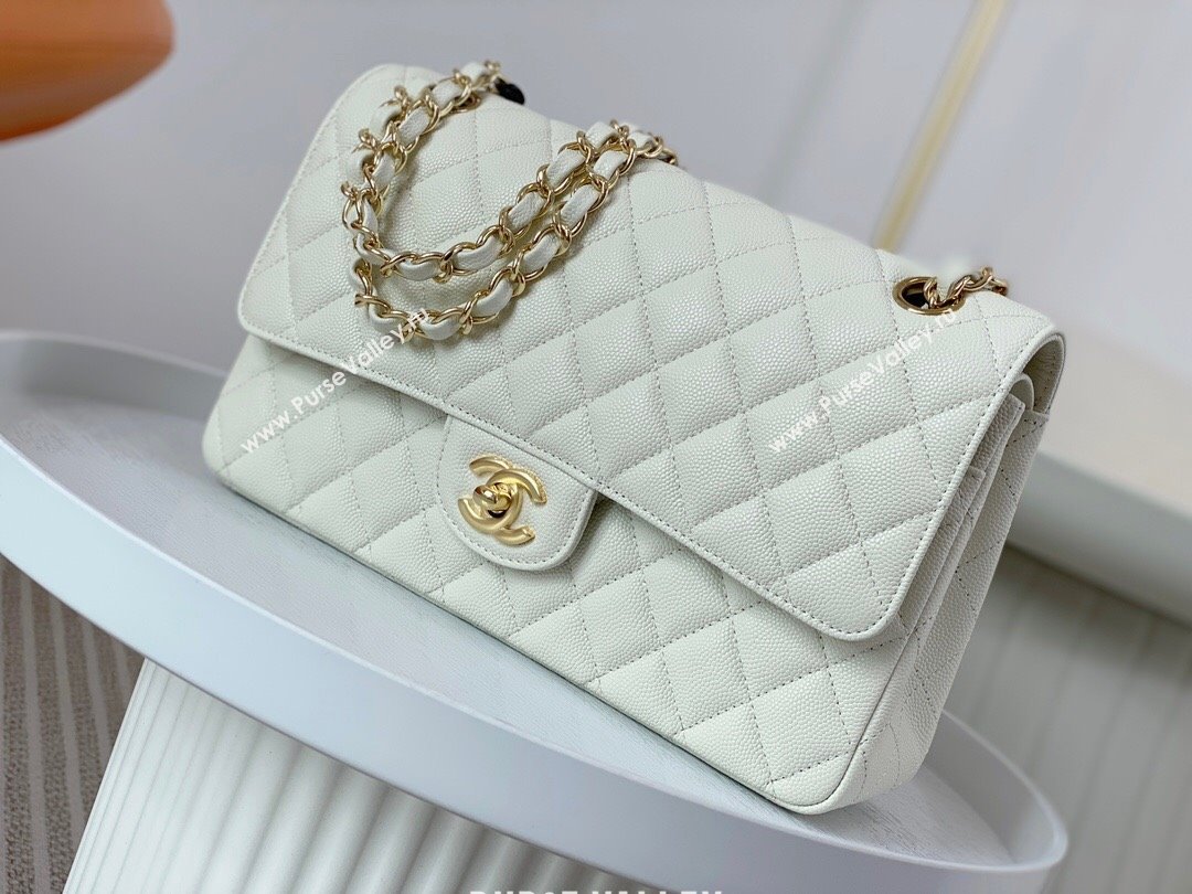 Chanel Grained Calfskin Classic Medium Flap Bag A01112 White/Gold 2023 (SM-231227033)