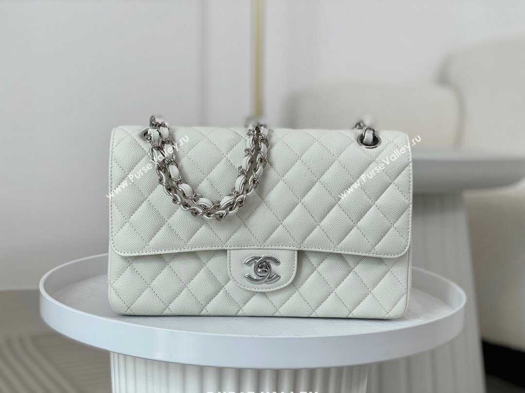 Chanel Grained Calfskin Classic Medium Flap Bag A01112 White/Silver 2023 (SM-231227032)