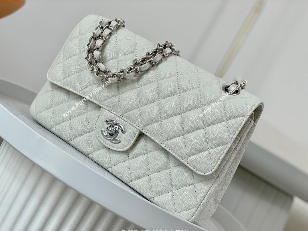 Chanel Grained Calfskin Classic Medium Flap Bag A01112 White/Silver 2023 (SM-231227032)