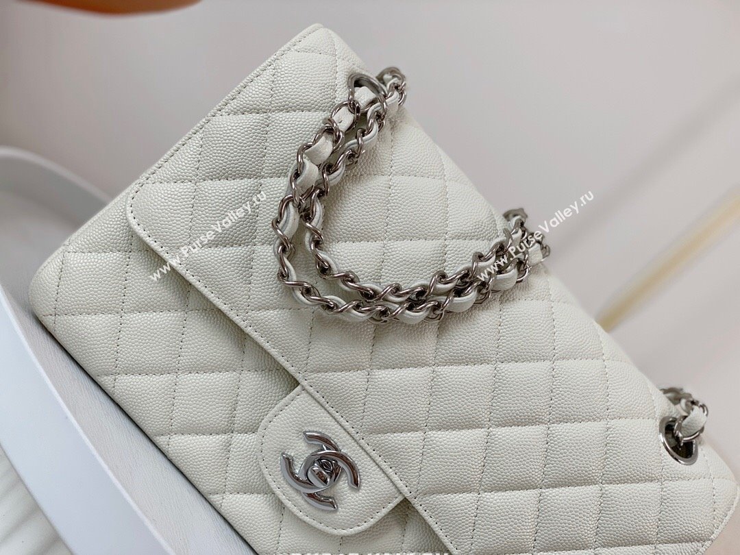 Chanel Grained Calfskin Classic Medium Flap Bag A01112 White/Silver 2023 (SM-231227032)