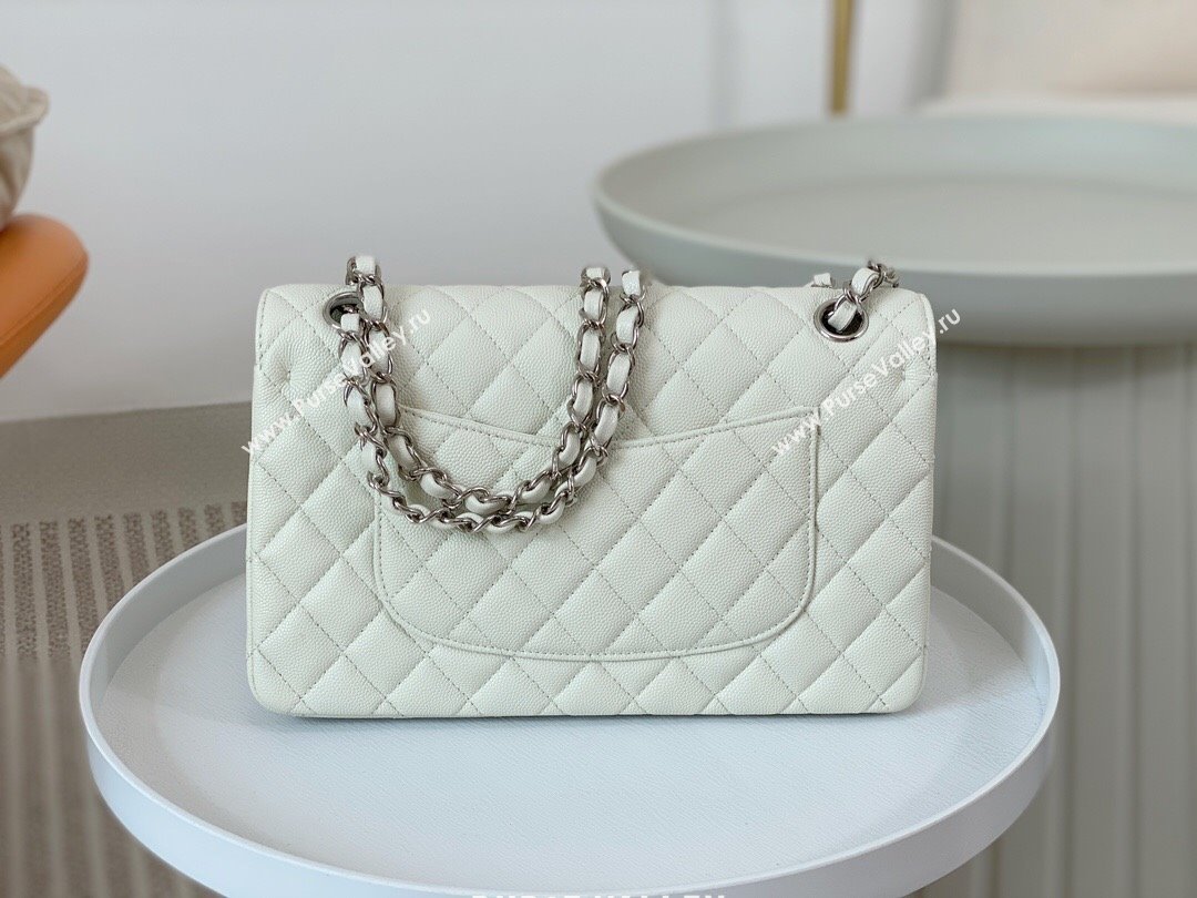 Chanel Grained Calfskin Classic Medium Flap Bag A01112 White/Silver 2023 (SM-231227032)