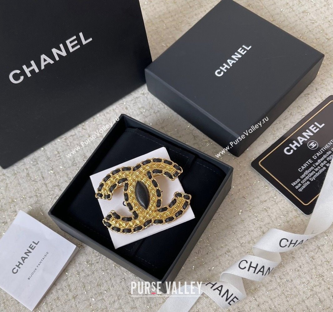 Chanel Leather and Chain CC Brooch Gold/Black 2024 0821 (YF-240821004)