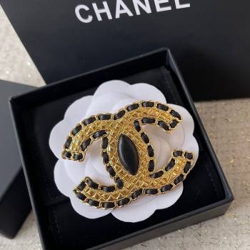 Chanel Leather and Chain CC Brooch Gold/Black 2024 0821 (YF-240821004)