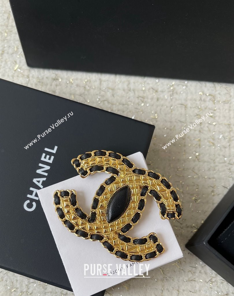 Chanel Leather and Chain CC Brooch Gold/Black 2024 0821 (YF-240821004)