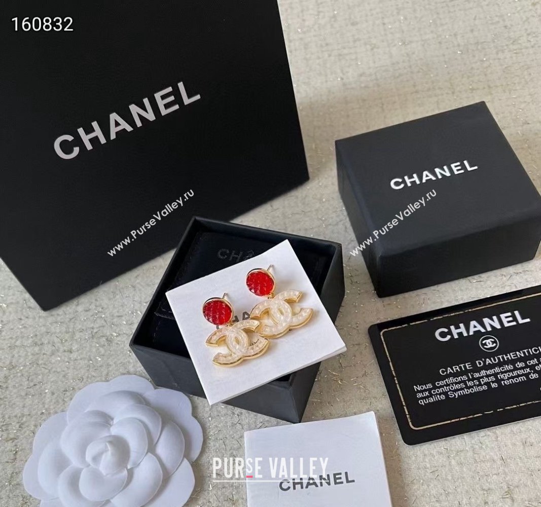 Chanel CC Short Earrings White/Red 2024 0821 (YF-240821039)