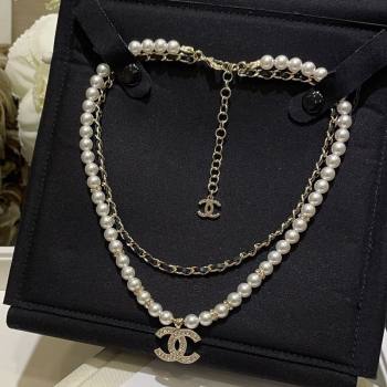 Chanel Pearls and Chain Short Necklace Black Lambskin Leather 2025 (YF-250113078)