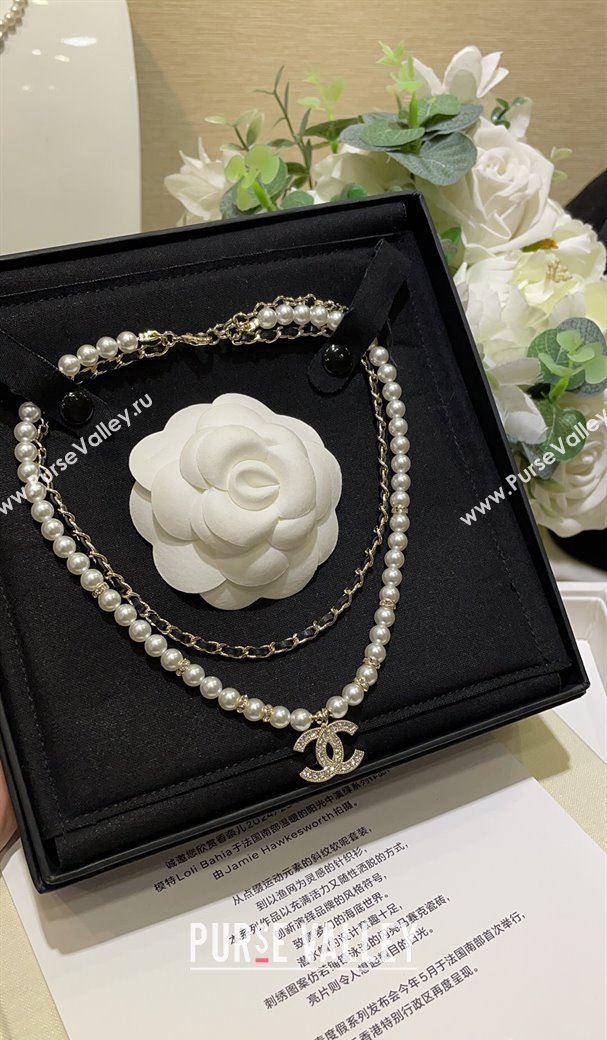 Chanel Pearls and Chain Short Necklace Black Lambskin Leather 2025 (YF-250113078)