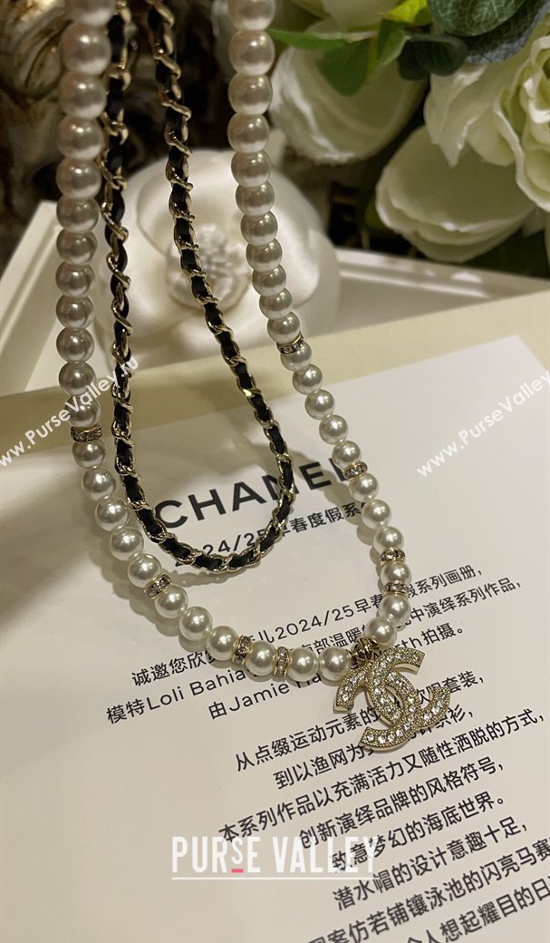 Chanel Pearls and Chain Short Necklace Black Lambskin Leather 2025 (YF-250113078)