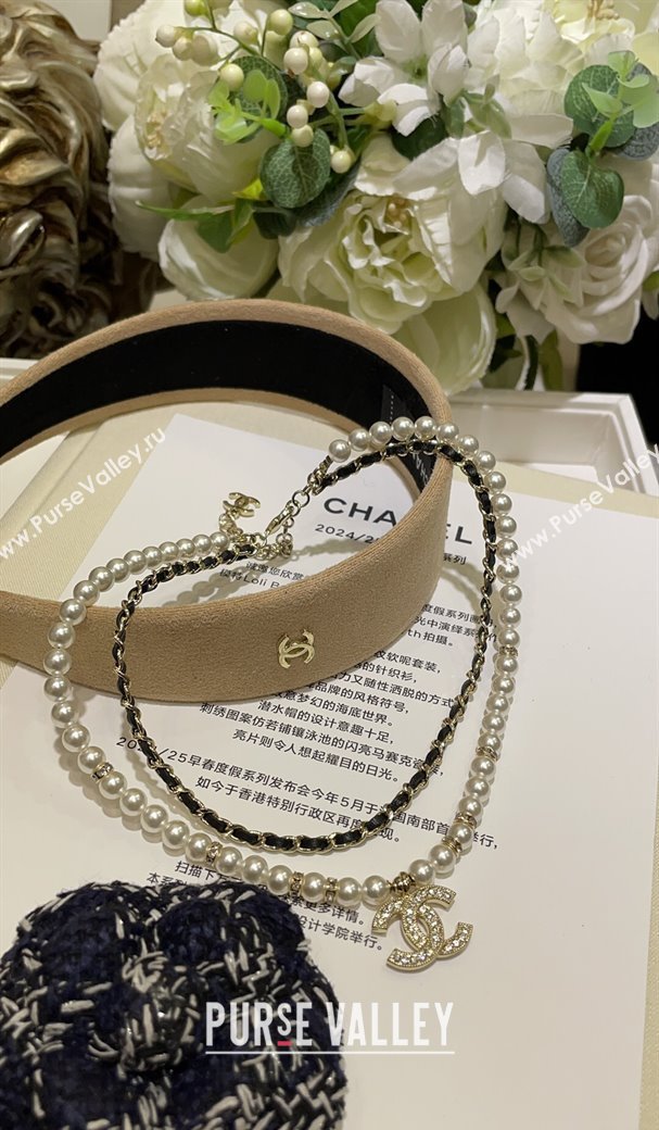 Chanel Pearls and Chain Short Necklace Black Lambskin Leather 2025 (YF-250113078)