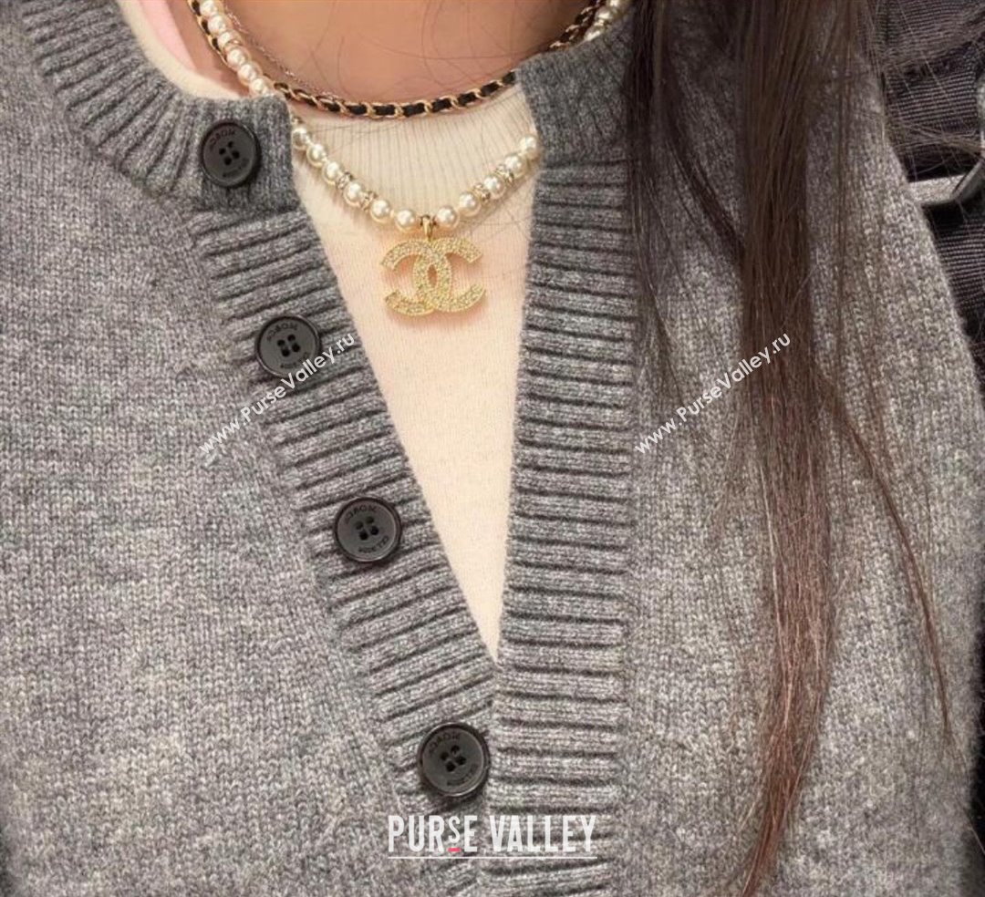 Chanel Pearls and Chain Short Necklace Black Lambskin Leather 2025 (YF-250113078)