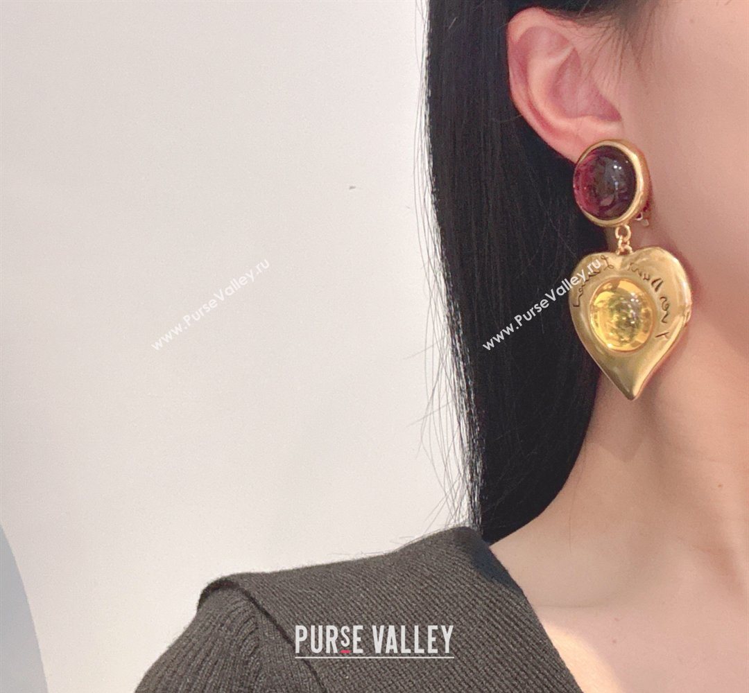 Saint Laurent Heart Clip Earrings Gold/Burgundy 2026 0321 (YF-260321022)