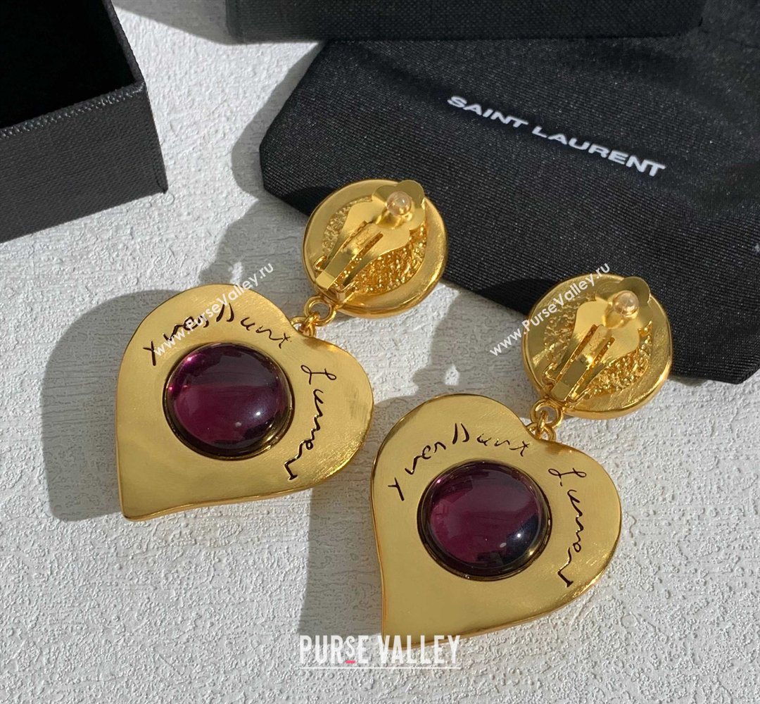 Saint Laurent Heart Clip Earrings Gold/Burgundy 2026 0321 (YF-260321022)