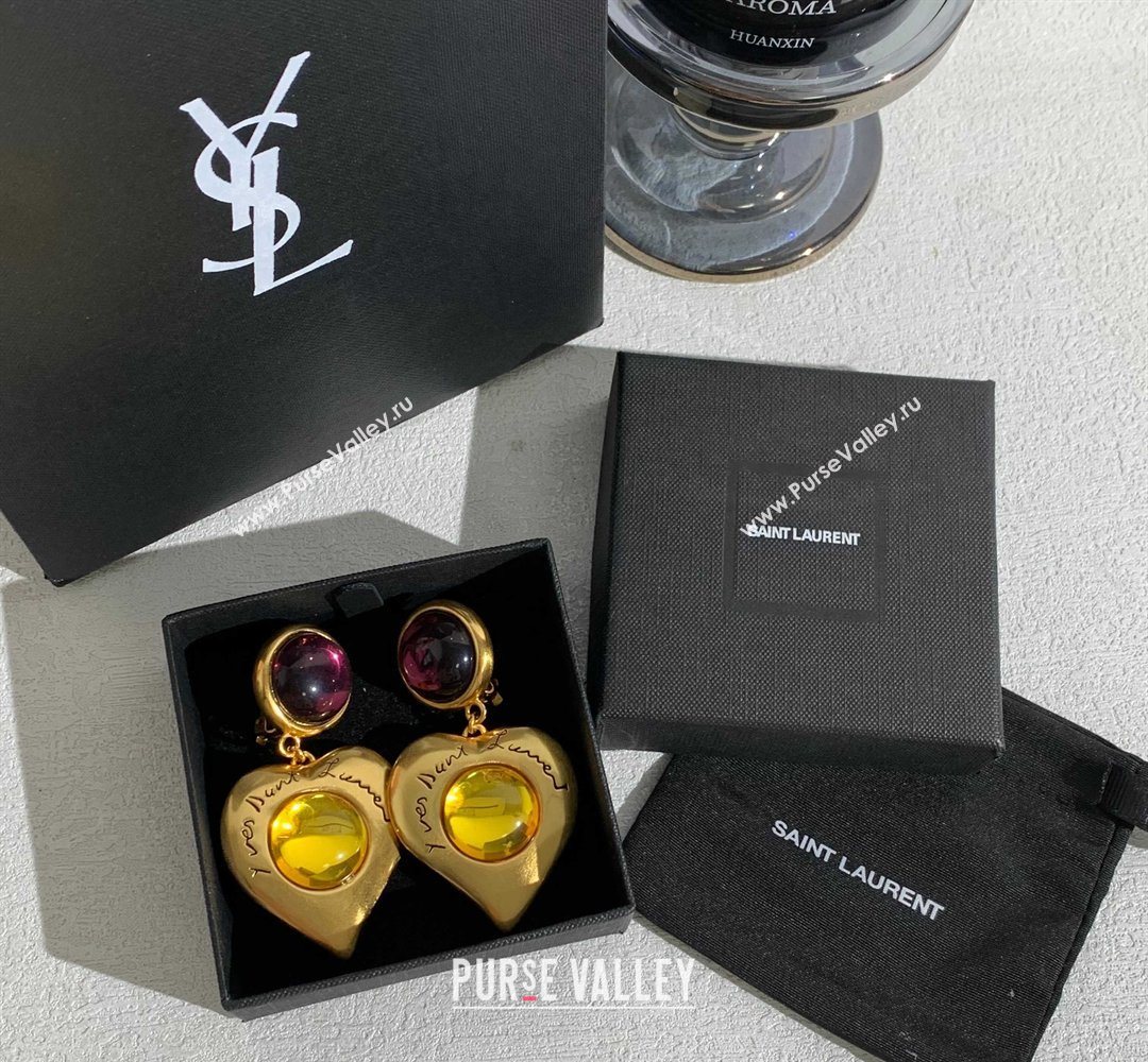 Saint Laurent Heart Clip Earrings Gold/Burgundy 2026 0321 (YF-260321022)