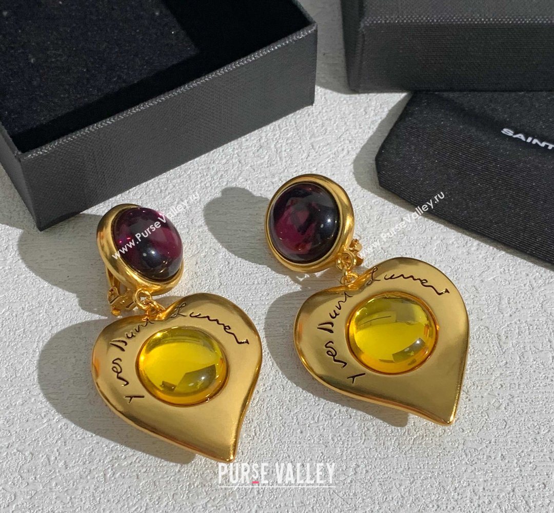 Saint Laurent Heart Clip Earrings Gold/Burgundy 2026 0321 (YF-260321022)