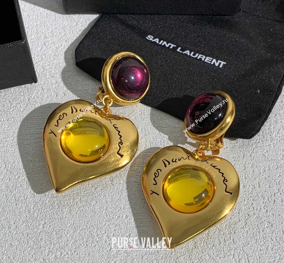 Saint Laurent Heart Clip Earrings Gold/Burgundy 2026 0321 (YF-260321022)