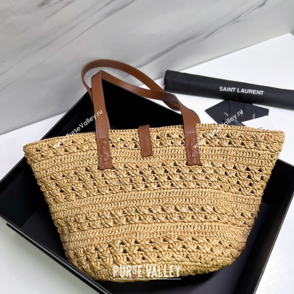 Saint Laurent Panier Small Tote Bag in Crochet Raffia and Smooth Leather 685618 Camel Brown 2022 (nana-240803039)