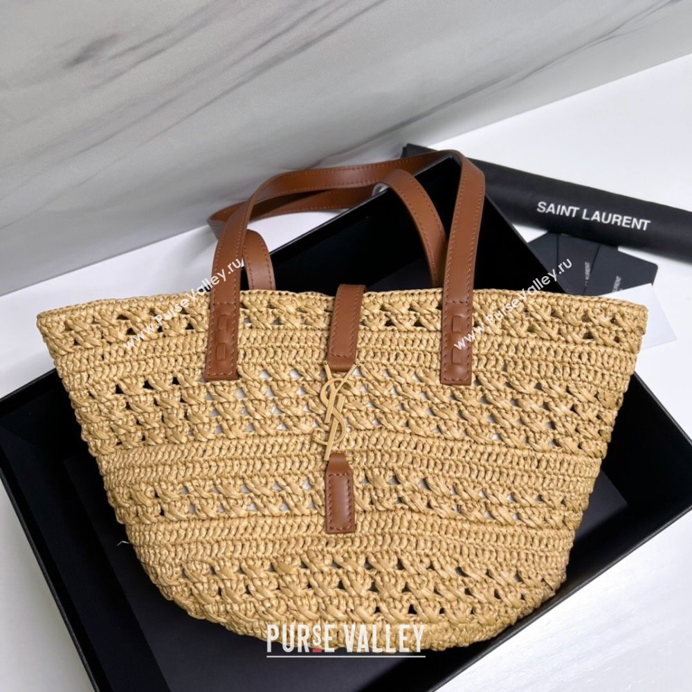 Saint Laurent Panier Small Tote Bag in Crochet Raffia and Smooth Leather 685618 Camel Brown 2022 (nana-240803039)