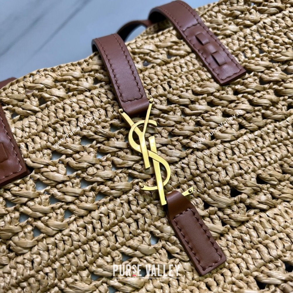 Saint Laurent Panier Small Tote Bag in Crochet Raffia and Smooth Leather 685618 Camel Brown 2022 (nana-240803039)