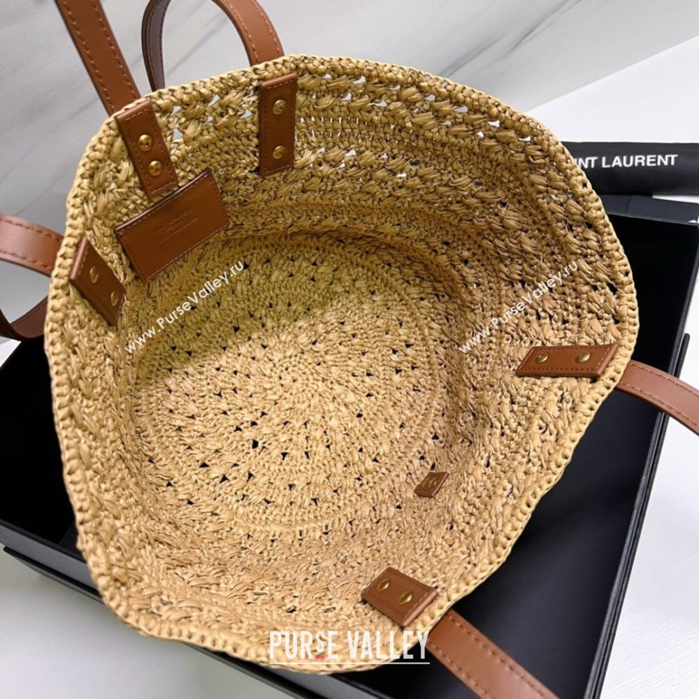 Saint Laurent Panier Small Tote Bag in Crochet Raffia and Smooth Leather 685618 Camel Brown 2022 (nana-240803039)