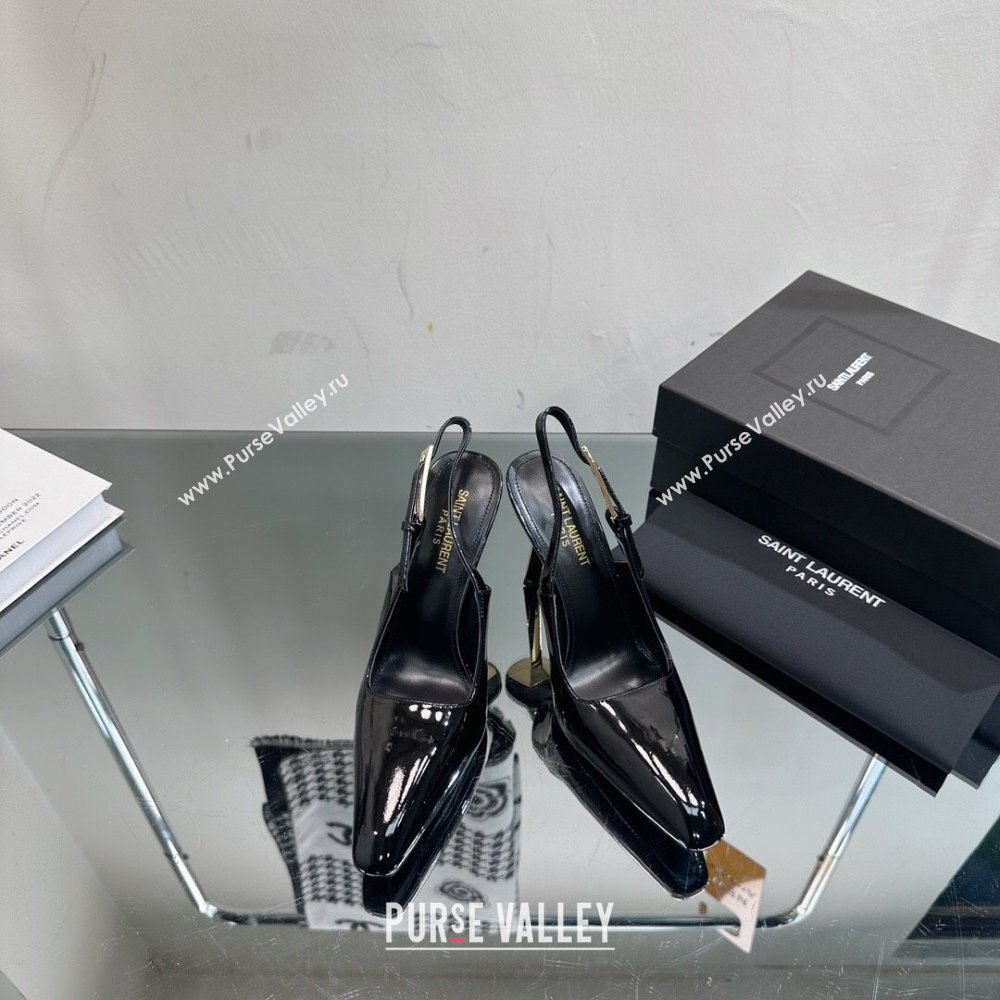 Saint Laurent Lee Slingback Pumps 10cm with Buckle in Patent Leather Black 2023 763421 (MD-231025047)