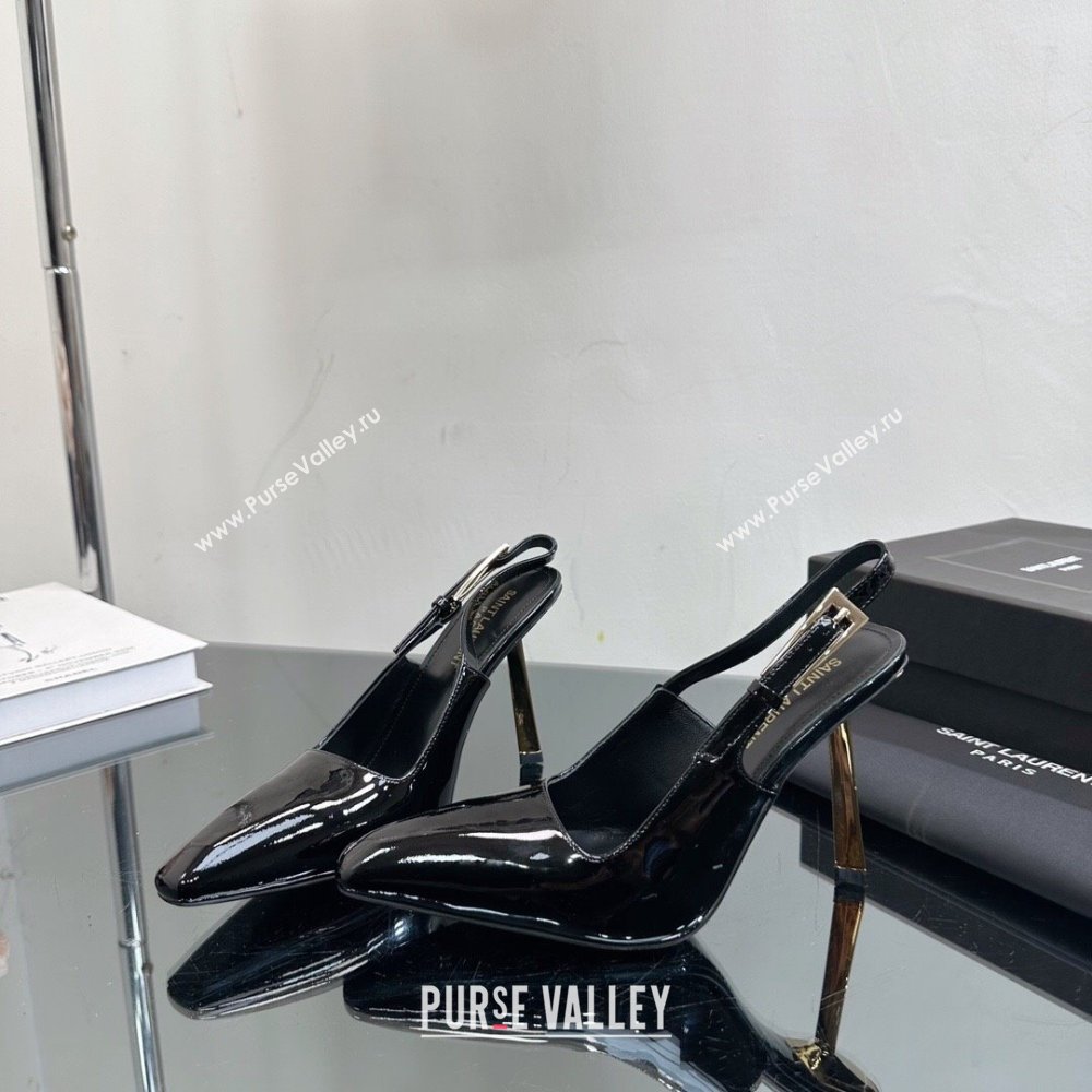 Saint Laurent Lee Slingback Pumps 10cm with Buckle in Patent Leather Black 2023 763421 (MD-231025047)